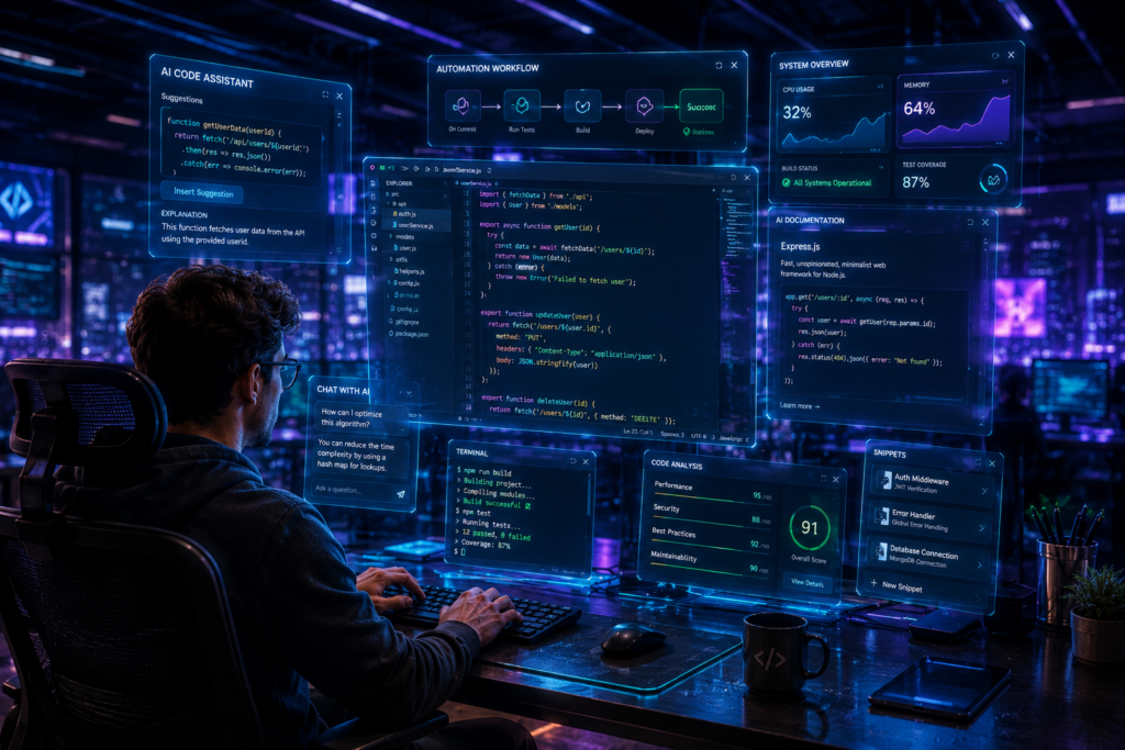 A software developer in a high-tech workspace using transparent monitors with glowing AI coding assistants and automation dashboards