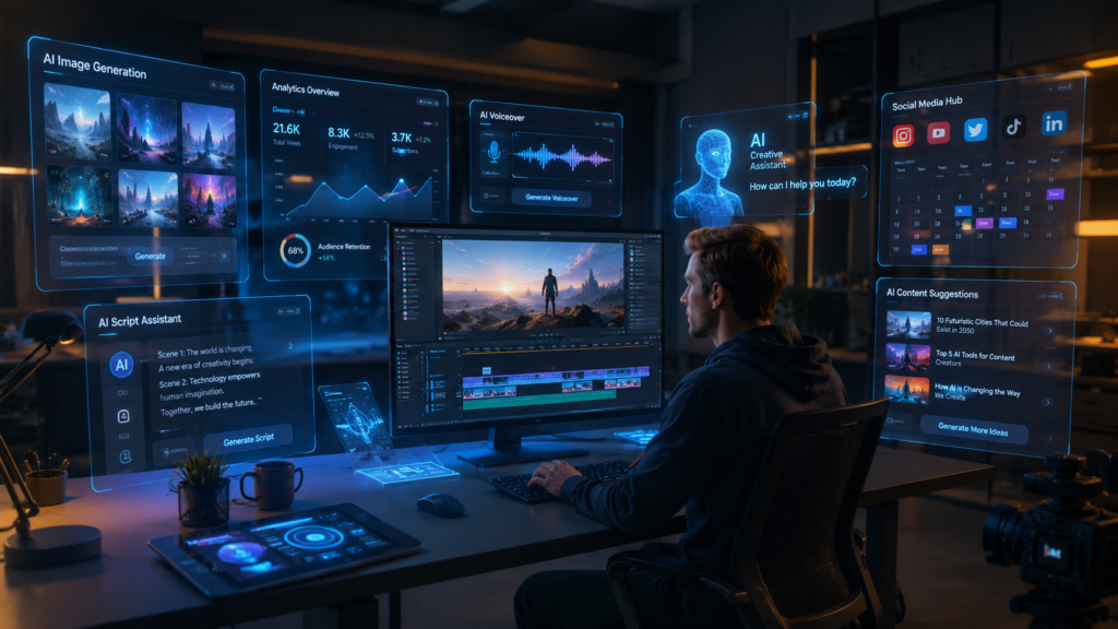 A modern content creator in a minimalist futuristic studio using floating holographic screens, video editing timelines, and AI-powered dashboards.