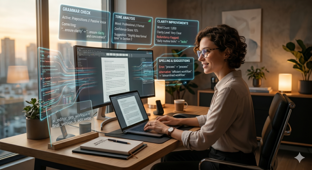 A professional woman wearing glasses and smiling while typing on her laptop at a warm wooden desk. Floating holographic screens hover in front of her dual-monitor setup, displaying automated real-time grammar checks, professional tone analysis scores, redundancy flags under clarity improvements, and vocabulary suggestions.