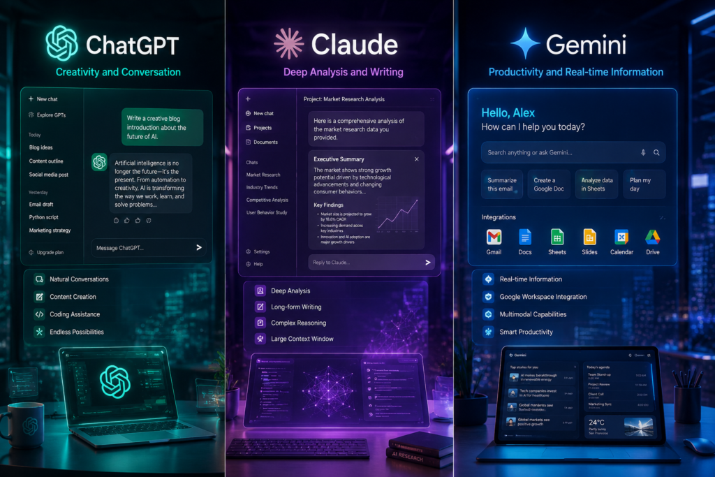 A split-screen comparison showing three distinct futuristic AI interfaces for creativity, analysis, and search
