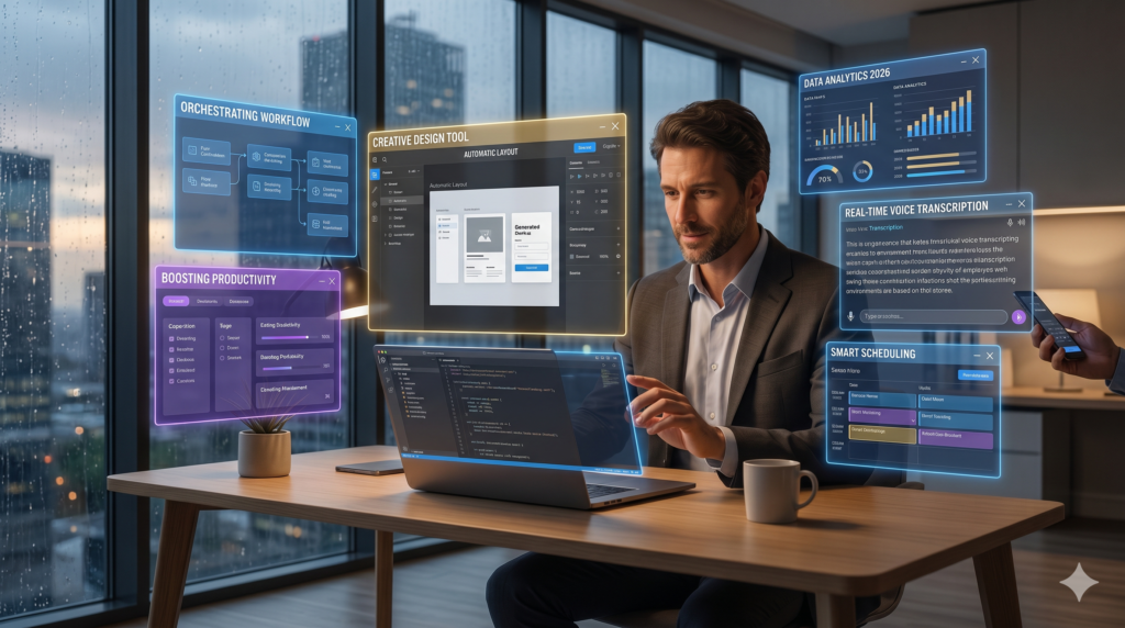 A professional businessman in a grey blazer working at a clean wooden desk in a high-rise office at twilight. Floating blue, purple, and gold holographic UI windows surround his laptop, showing modules for workflow orchestration, productivity metrics, automated design layouts, real-time voice transcription, data analytics, and an integrated smart scheduling calendar.