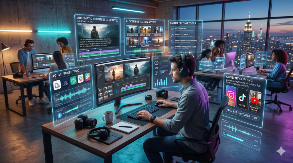 A modern creative studio with a video editor wearing headphones sitting at a desk. Glowing blue and cyan holographic screens hover in the air, displaying AI automation tools including automatic subtitles generated, active scene detection windows, smart audio cleanup options, and a content clipping board featuring Instagram, TikTok, and YouTube Shorts layouts.