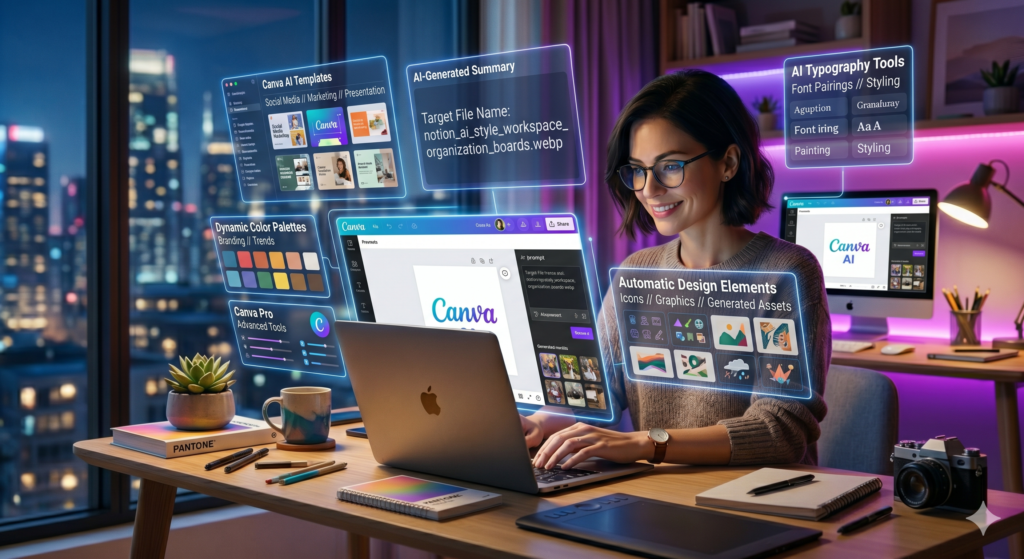 A creative designer smiling while working on a laptop running a Canva AI design interface in a modern studio at night with purple ambient lighting. Glowing blue holographic windows hover over the workspace, displaying AI templates, dynamic color palettes, typography styling options, and automatic design elements like icons and generated graphics.