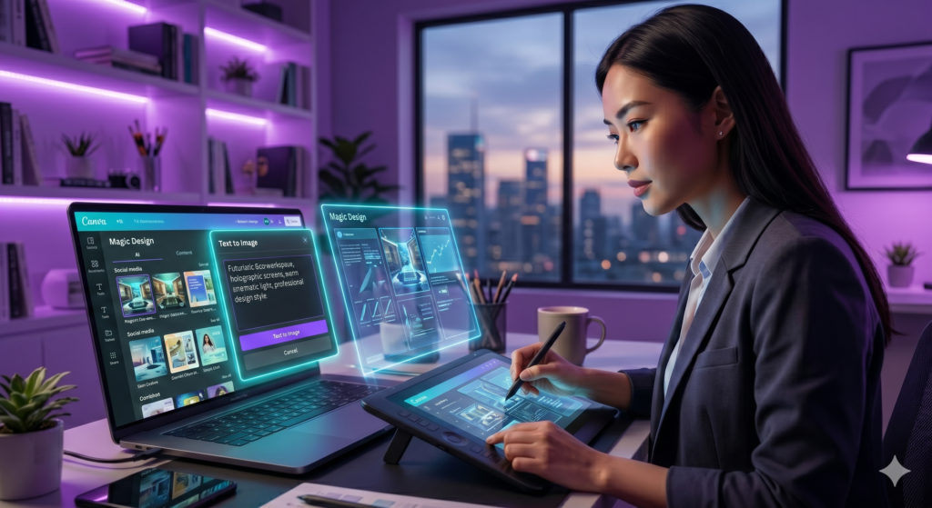 A close-up photograph of a designer using a graphics tablet and a notebook in a creative studio bathed in modern purple light. A floating Canva AI interface designs and generates instant social media designs.