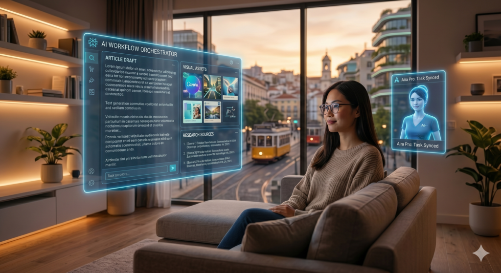 Cinematic digital illustration of a futuristic plaza at sunset. People interact with floating holographic interfaces for content creation, design, and research, symbolizing the free AI toolkit accessible to all.