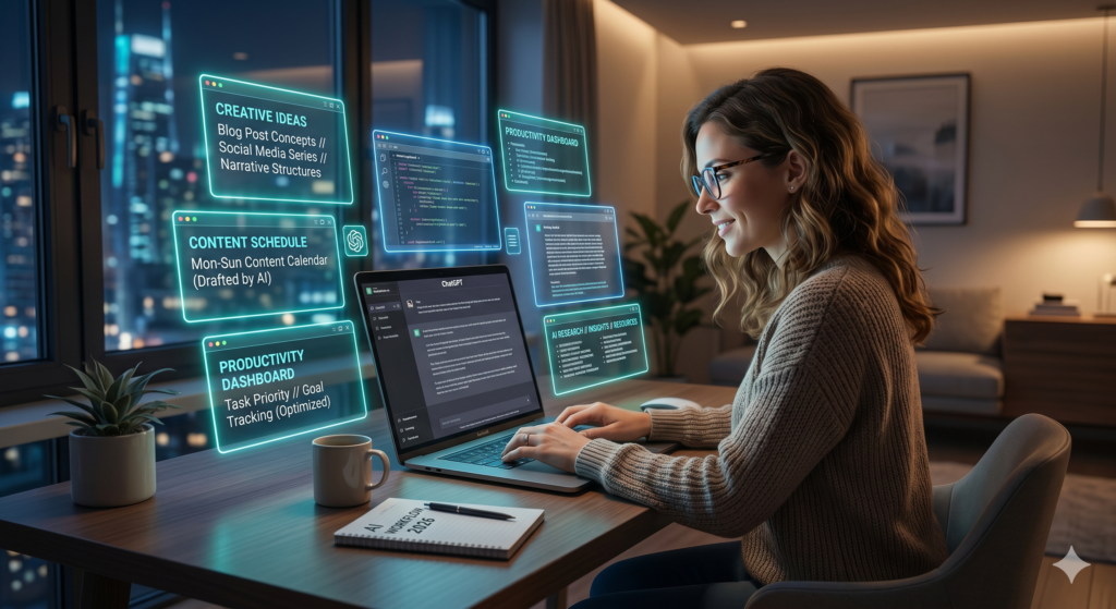 A professional woman with glasses smiling while typing on a laptop running a ChatGPT interface in a stylish apartment at night. Glowing cyan holographic windows float around her screen, displaying organized modules for creative ideas, a drafted content schedule, productivity dashboards, and AI research insights.