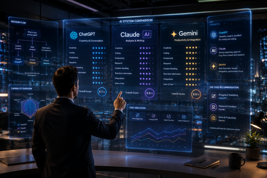 A modern business professional using floating holographic dashboards and flowcharts to analyze and compare different AI productivity systems