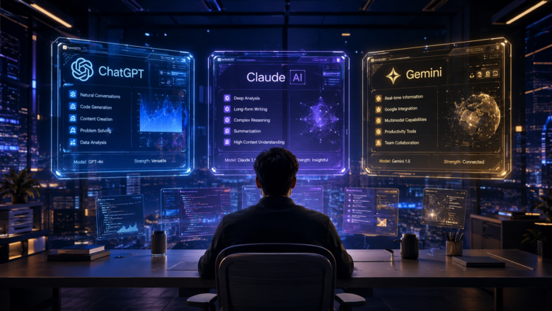 Futuristic workspace showing advanced AI assistants and floating screens