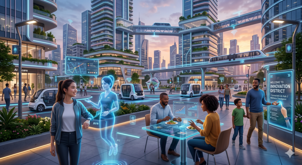 An expansive, wide-angle cinematic photo of a modern, multi-level futuristic smart city square at sunset. In the foreground, a diverse group of citizens interacts with various blue holographic AI interfaces, including a woman consulting a digital avatar named Aira, and a couple dining at an interactive data table, illustrating dynamic human-AI daily collaboration. Autonomous vehicles navigate multi-level pathways in the background under connected green buildings.
