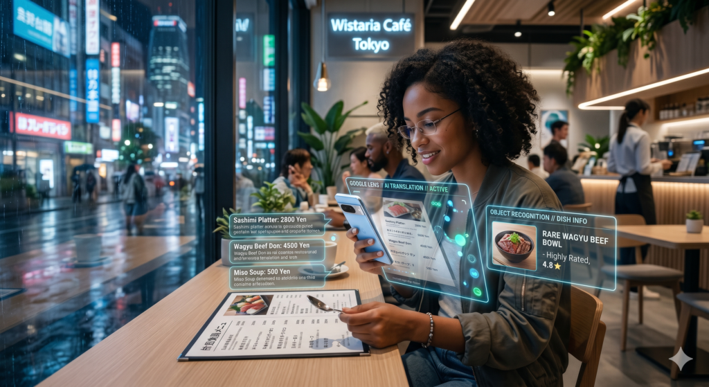 A young woman sitting in a cozy café in Tokyo at night, scanning a Japanese menu with her smartphone using Google Lens. Glowing teal holographic interface overlays appear above the table, showing real-time English translations for menu items like a Sashimi Platter and Wagyu Beef Don, alongside an object recognition window identifying a rare wagyu beef bowl with its rating.