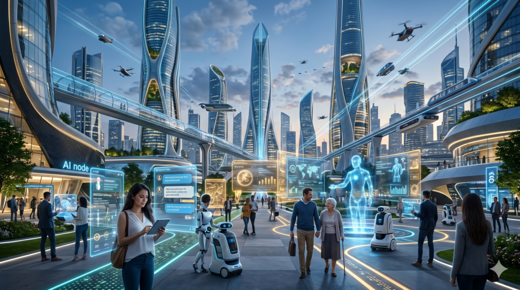 A wide-angle view of a futuristic city plaza under a twilight sky, showing humans seamlessly interacting with glowing blue holographic dashboards, service robots, and elevated transit lines between organic skyscrapers.